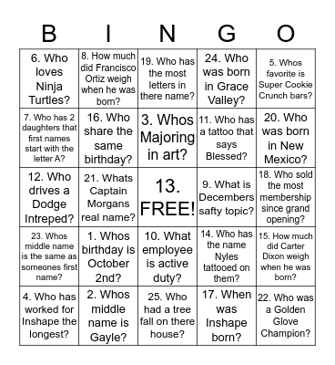 Inshape Employee Bingo Card