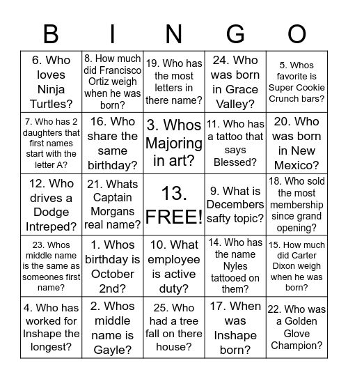 Inshape Employee Bingo Card