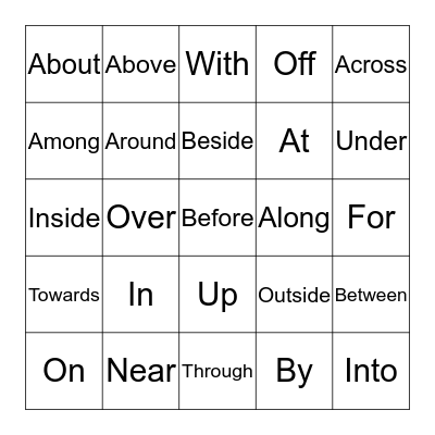 Prepositional Words Bingo Card