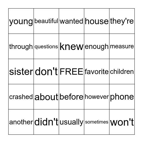 2nd Grade High Frequency Words  Bingo Card