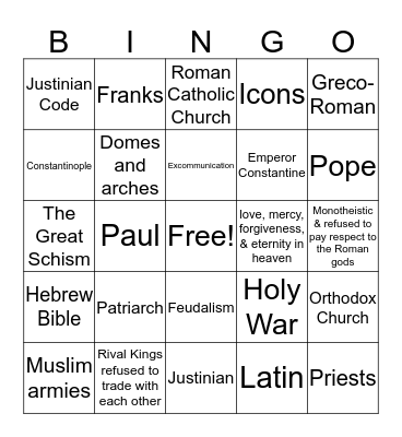 Unit 4: The Rise of Christianity and the Middle Ages Bingo Card