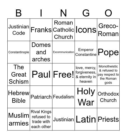 Unit 4: The Rise of Christianity and the Middle Ages Bingo Card