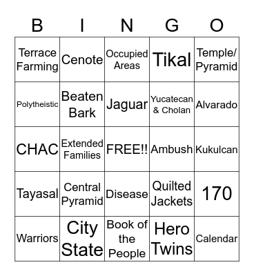 Mayan Review Bingo Card