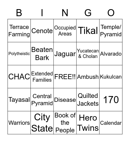 Mayan Review Bingo Card