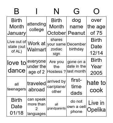 FAMILY TIDE Bingo Card