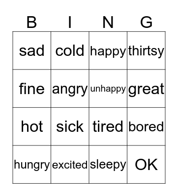 Feelings Bingo Card