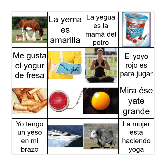 La letra Yy Bingo Card