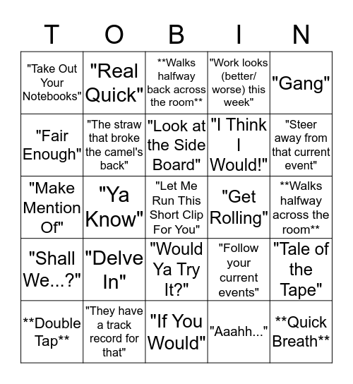 Tobin Bingo Card