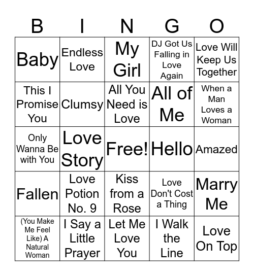 Valentines Day Music Bingo Card