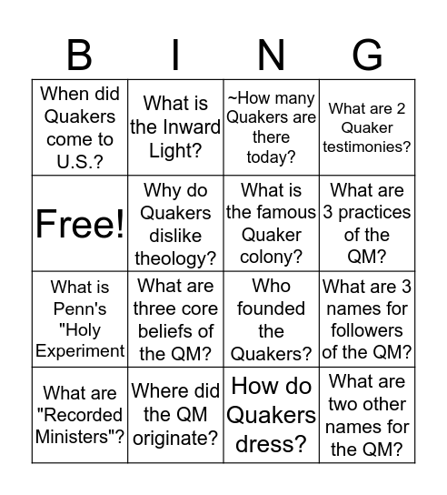 The Quaker Movement (QM) Bingo Card