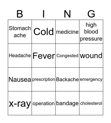 Health & Sickness Bingo Card