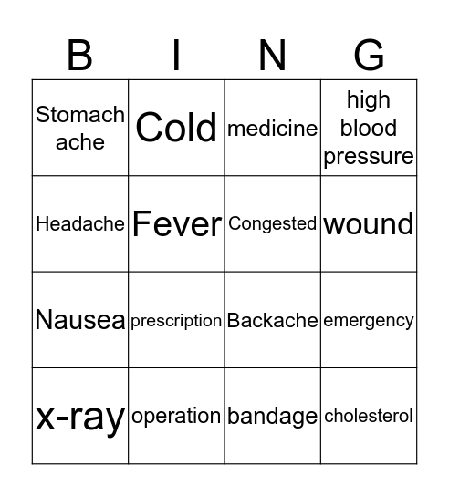 Health & Sickness Bingo Card
