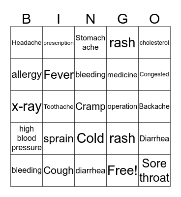Health & Sickness Bingo Card