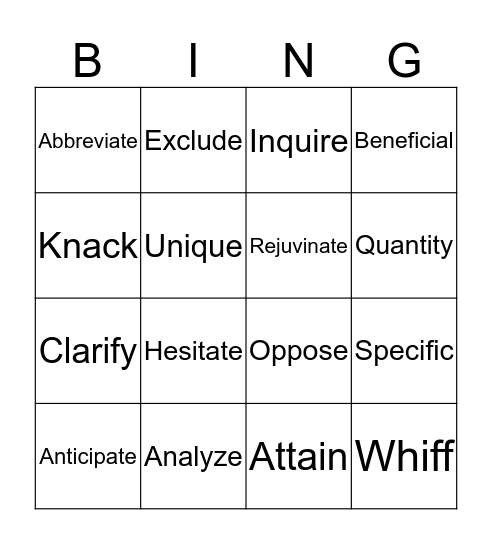 Context Clue BINGO Card