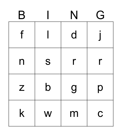 Ending Sounds Bingo Card