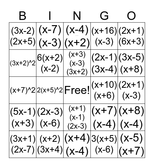 Factoring  Bingo Card