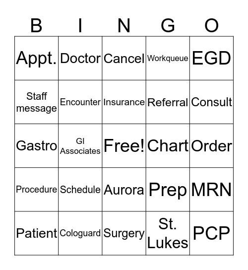 Bingo Pre Admit Style Bingo Card