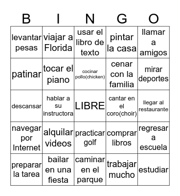 -AR verbs Bingo Card