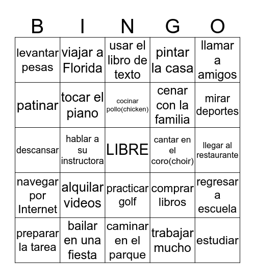 -AR verbs Bingo Card