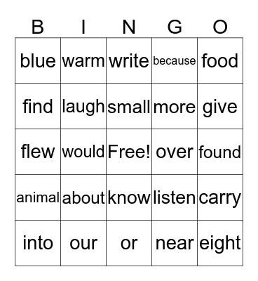 High Frequency Words Bingo Card