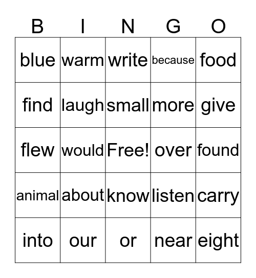 High Frequency Words Bingo Card