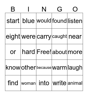 High Frequency Words Bingo Card
