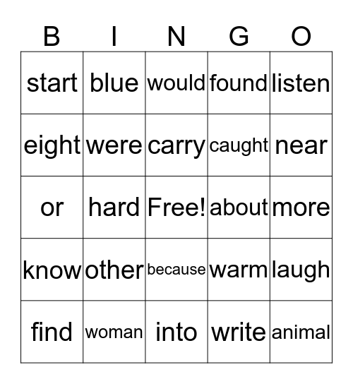 High Frequency Words Bingo Card