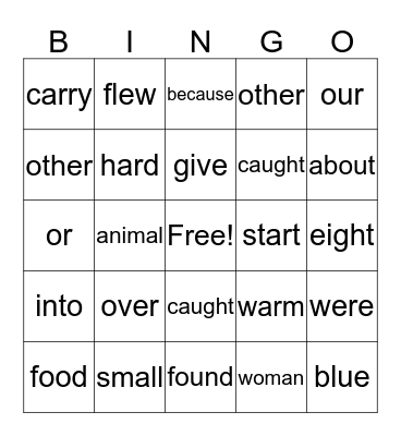 High Frequency Words Bingo Card