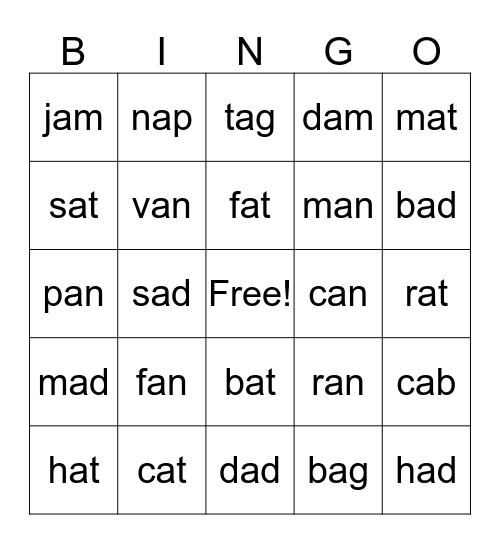 CVC words short 'a' Bingo Card