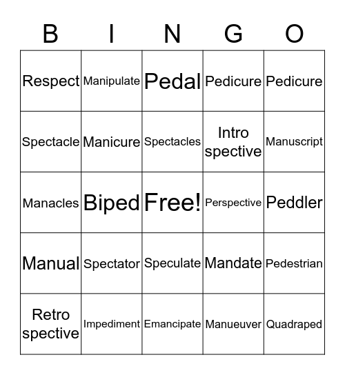 Spec Words Two Bingo Card