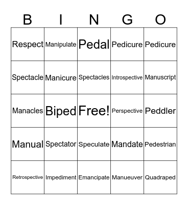 Spec Words Two Bingo Card