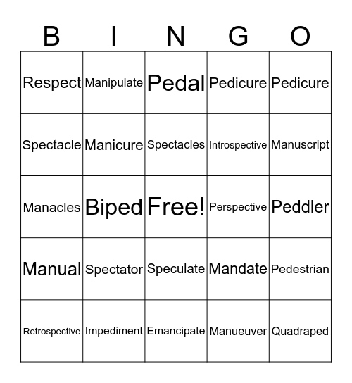 Spec Words Two Bingo Card