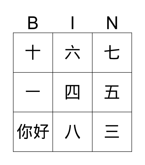 数字1-10 Bingo Card