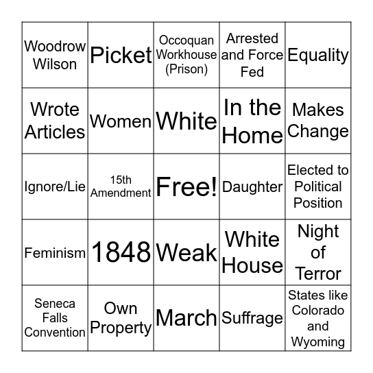 Suffrage Movement Bingo Card