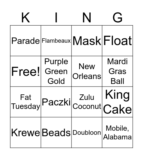 Mardi Gras Bingo Card