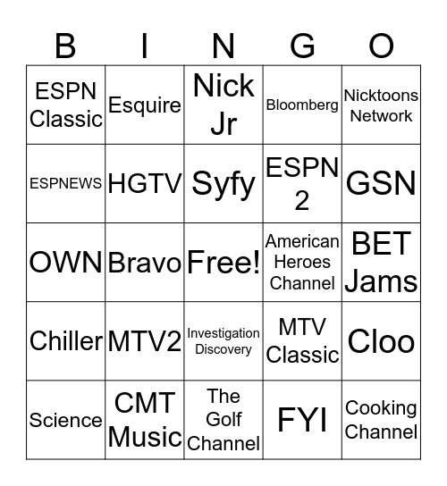 Digital Cable Bingo Card