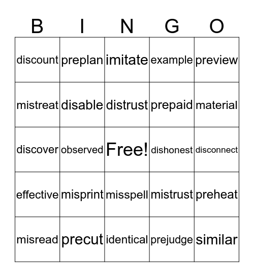 Prefixes: dis, mis, un, non Bingo Card