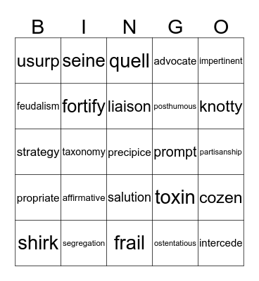 Vocabulary Boot Camp Bingo Card