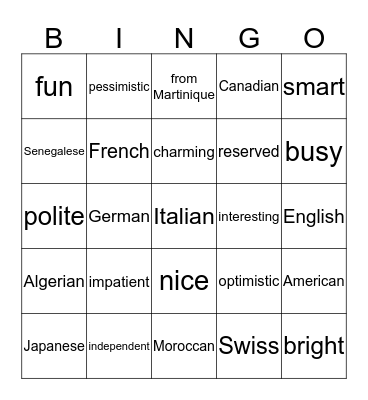 1B Adjectives Bingo Card