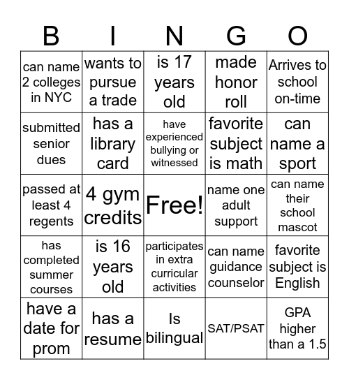 PYA Bingo Education  Bingo Card