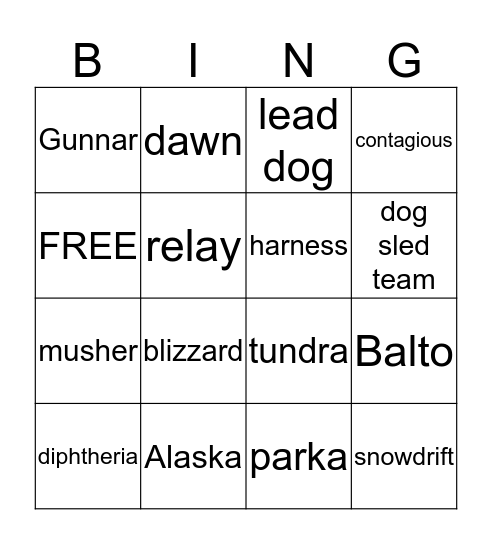 Balto Bingo 4x4 Bingo Card