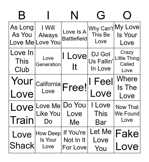 JACKS MUSIC VIDEO BINGO! (love edition) Bingo Card