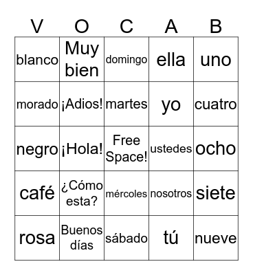 Spanish Vocaublary Bingo Card
