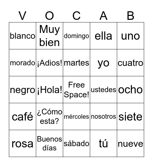Spanish Vocaublary Bingo Card