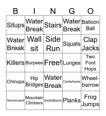 Cub Fitness Night Bingo Card