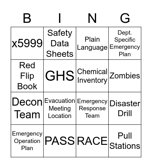Env. Safety & Emergency Management Bingo Card