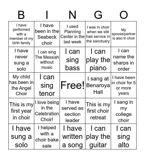 Choir Bingo Card