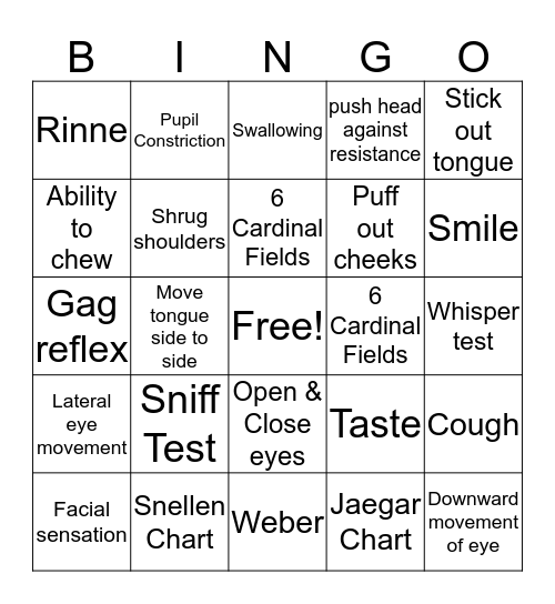 Cranial Nerve Bingo Card