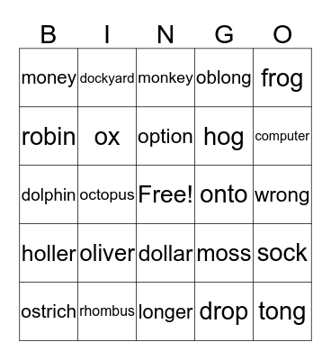 Short o words Bingo Card