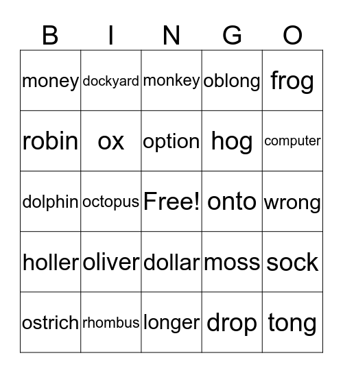 Short o words Bingo Card